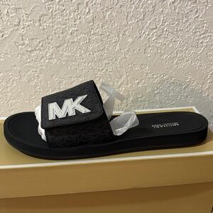 Michael Kors Black Slide Sandal with Silver MK Logo